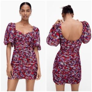 NWT Zara Floral Printed Mini Dress with Draping, size Small